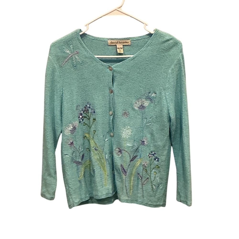 Vintage Womens Fairy Cardigan PM Blue Embroidered Floral Dragonfly Butterfly
